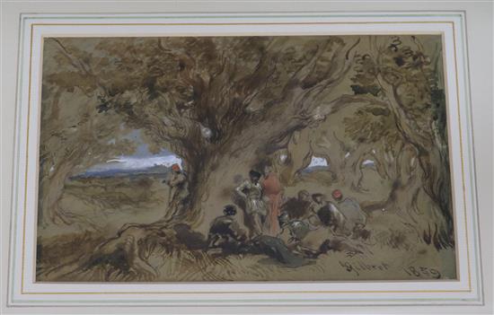 A. Gilbert, ink and watercolour, figures beneath an oak tree, signed and dated 1859, 13 x 20cm